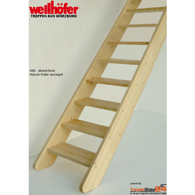 Raumspartreppe MidStep mit 14 Steigungen (13 Stufen), ohne Gel&auml;nder, Geschossh&ouml;he 250-285 cm, mit gewinkelten (wechselseitig begehbaren) oder vollen Trittstufen, Treppenbreite 54 oder 64 cm, Holzart: Kiefer versiegelt, Raumspartreppe MidStep