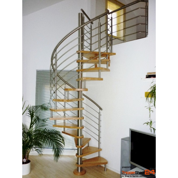 Spindeltreppe Ninfea Inox Ø 230 cm, 12 Stgeigungen (11 Stufen + Podest) für Höhe 216 - 258 cm, Buchenstufen, Relinggeländer komplett aus Edelstahl.