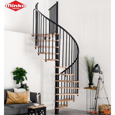 Spindeltreppe Spiral Smart &Oslash; 140 cm, 13 Steigungen (12 Stufen + Podest) f&uuml;r H&ouml;he 171-305,5 cm, Buchenstufen versiegelt, inkl. Gel&auml;nder mit Kunststoffhandlauf, Metallteile pulverbeschichtet schwarz, grau oder weiss.