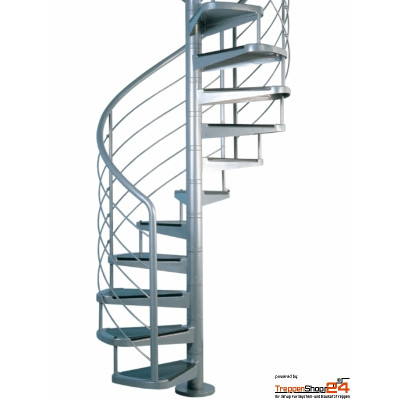 Spindeltreppe Gladiolo &Oslash; 240 cm, mit 12 Steigungen (11 Stufen + Standardpodest), Geschossh&ouml;he 216 - 258 cm, gepresste Stahlblechstufen, inkl. Relingel&auml;nder mit Stahlhandlauf &Oslash; 42,4 mm und 5 Untergurten &Oslash; 10 mm, Metallteile pulverbeschichtet.