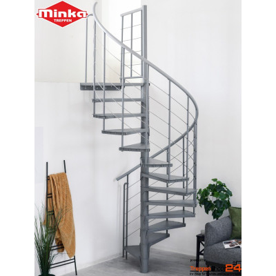 Spindeltreppe Spino Smart &Oslash; 160 cm mit 13 Steigungen (12 Stufen + Podest) Glattblechstufen, f&uuml;r H&ouml;he 171 - 305,5 cm erweiterbar mit Zusatzstufen bis 352,5 cm, inkl. Gel&auml;nder mit Kunststoffhandlauf und 5 Untergurten aus Edelstahl, Stahlteile pulverbeschichtet grau, schwarz oder wei&szlig;.